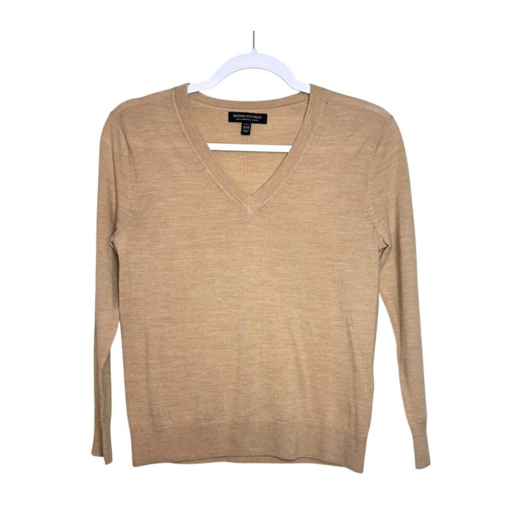 Banana Republic 100% Merino Wool Long Sleeve Sweater Women XXS Tan V Neck